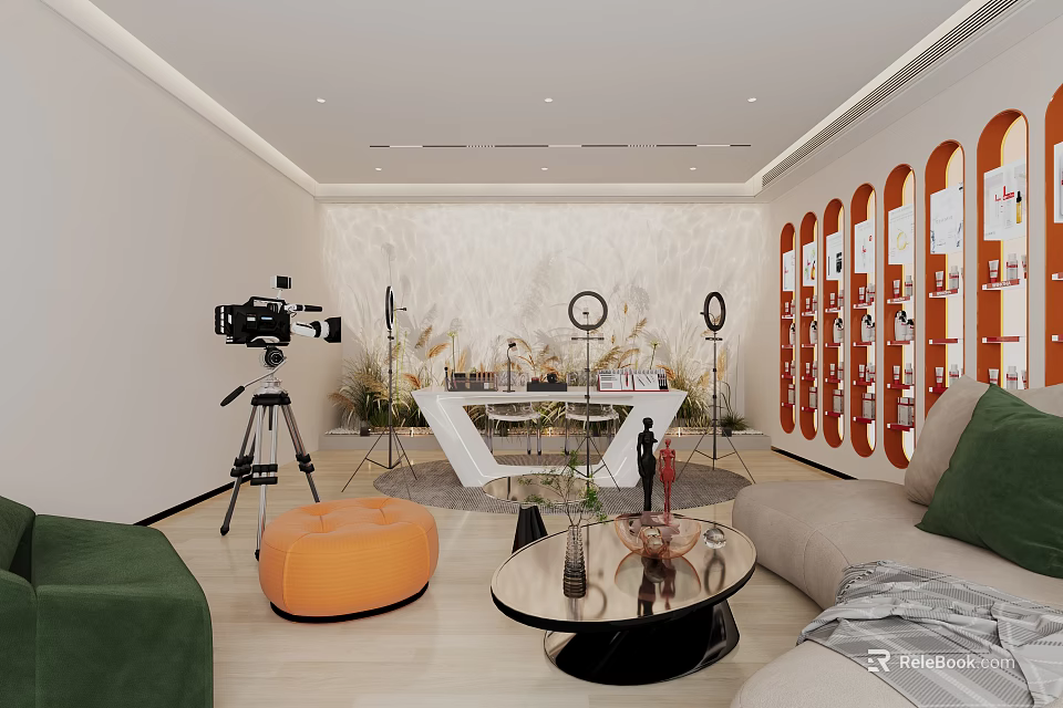 Modern Studio Interior With Camera On Tripod Orange Display Shelves Sofa And Decorative Plants 3d model 