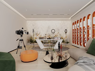 Modern Studio Interior With Camera On Tripod Orange Display Shelves Sofa And Decorative Plants 3d model