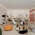 Modern Studio Interior With Camera On Tripod Orange Display Shelves Sofa And Decorative Plants