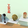 Assorted Craft Ornament Set with Spiral Mask Sculptures on White Shelves Against Light Green Background