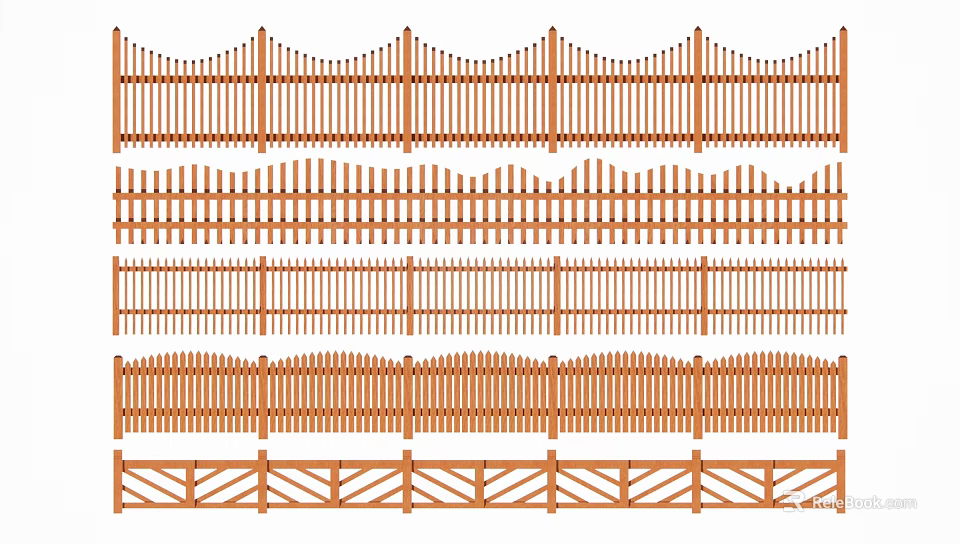 Wooden Fence Various Designs Including Wavy Top And Horizontal Rail Styles 3d model 