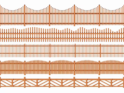 Wooden Fence Various Designs Including Wavy Top And Horizontal Rail Styles 3d model