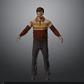 Man Standing In Red And White Striped Shirt With Brown Pants And Arms Outstretched