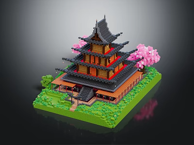 Cartoon Scene Of Japanese Multilayer Tower With Black Roof Pink Cherry Blossoms And Green Grass 3d model