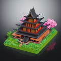 Cartoon Scene Of Japanese Multilayer Tower With Black Roof Pink Cherry Blossoms And Green Grass