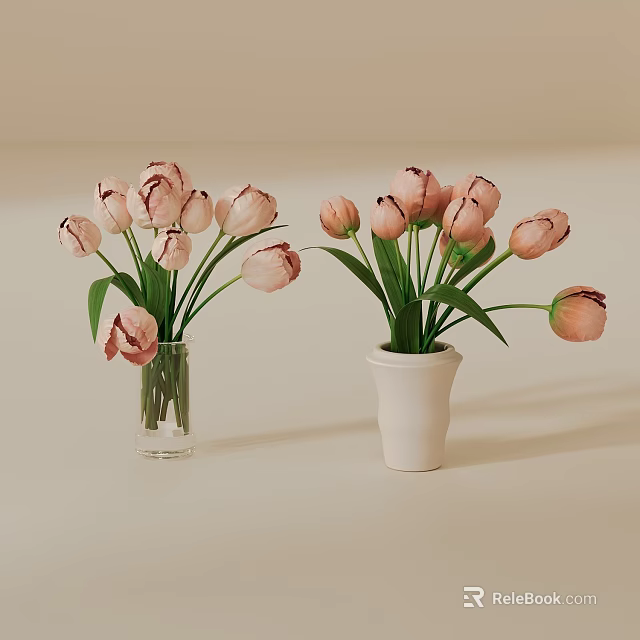 Decorative Ornament Set With Pink Tulips In Clear Glass And White Ceramic Vases 3d model 