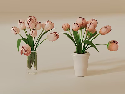 Decorative Ornament Set With Pink Tulips In Clear Glass And White Ceramic Vases 3d model