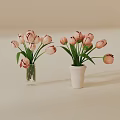 Decorative Ornament Set With Pink Tulips In Clear Glass And White Ceramic Vases