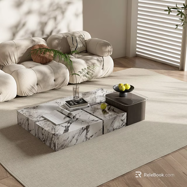Modern Marble Coffee Table With Sofa Fruits Books And Vase On Rug 3d model 