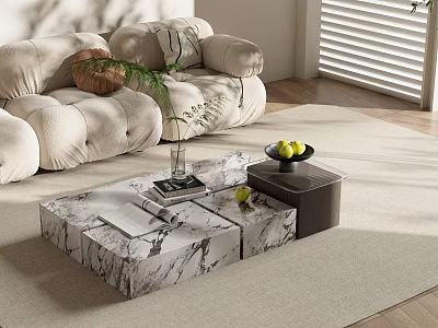 Modern Marble Coffee Table With Sofa Fruits Books And Vase On Rug 3d model