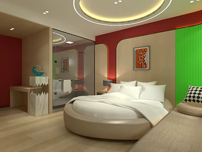 Hotel Guest Room Featuring Round Bed White Bedding Colorful Walls Wooden Flooring And Decorative Painting 3d model