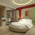 Hotel Guest Room Featuring Round Bed White Bedding Colorful Walls Wooden Flooring And Decorative Painting