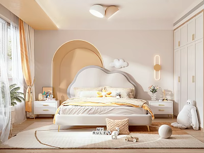 Kids Room Interior Design With Soft Bed Cloud Decor Toys Wardrobe And Round Rug 3d model