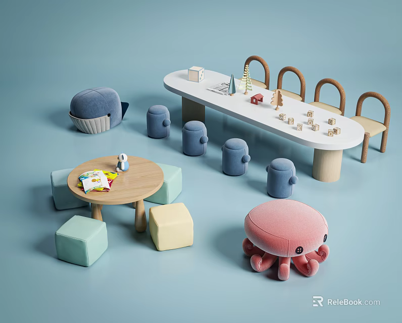 Kids Table with Wooden Chairs Stools and Colorful Toys Building Blocks in Soft Tones 3d model 