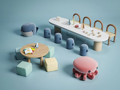 Kids Table with Wooden Chairs Stools and Colorful Toys Building Blocks in Soft Tones 3d model