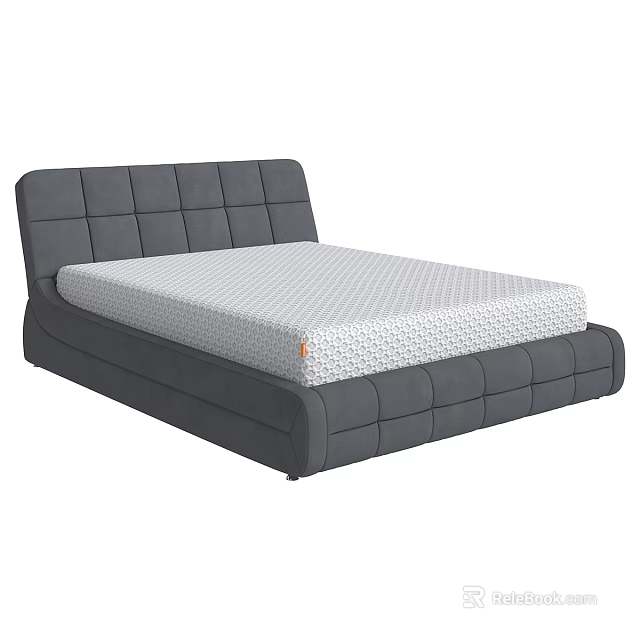 Gray Upholstered Double Bed With Square Tufted Headboard And White Honeycomb Mattress 3d model 