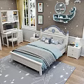 Kids Bed With White Frame Blue Accents Star Moon Wall Decor And White Wardrobe