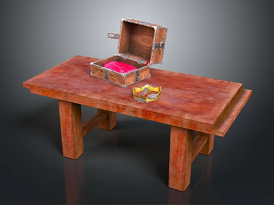 Rustic Wooden Long Table With Open Box Pink Items And Small Bowl 3d model