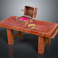 Rustic Wooden Long Table With Open Box Pink Items And Small Bowl