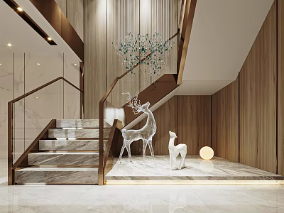 Modern Staircase Interior With Marble Steps Glass Railing Deer Sculptures And Wooden Walls 3d model