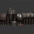 Industrial Storage Tanks And Metal Barrels With Steel Frames And Pipes