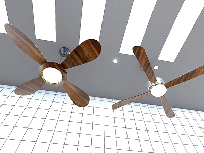Ceiling Fans With Wooden Blades On Gray Ceiling Featuring White Stripes And Grid Tiles 3d model