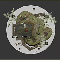 Cartoon Scene With Small Red Cottage Trees Green Lawn Ladder And Decorative Platform Chairs