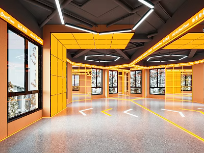 Modern Open Layout Fitness Gym With Yellow Gray Tones And Bright Workout Space 3d model