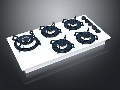 Four Burner Gas Stove With White Surface Black Burner Covers And Control Knobs 3d model