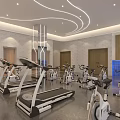 Modern Swimming Pool Area With Exercise Equipment And Wall Posters