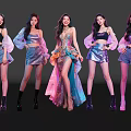 Five Stylish Women in Outfits With Gorgeous Long Dress Center Black Background Purple Pink Lighting