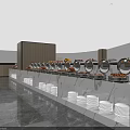 Modern Buffet Dining Table With Marble Countertop Wooden Accents Stacked Plates And Round Mirrors