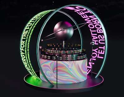 Modern Display Stand With Neon Lights Sphere Decoration And Colorful Bottles Base 3d model