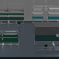 Industrial Laboratory Workbenches With Metal Frame Green Top And Equipment Shelves Stools