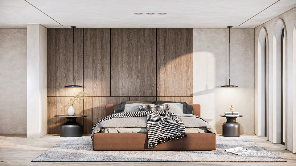 Modern Bedroom Interior With Wooden Panel Wall Bedside Nightstands And Pendant Lights 3d model 