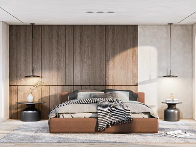 Modern Bedroom Interior With Wooden Panel Wall Bedside Nightstands And Pendant Lights 3d model