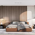 Modern Bedroom Interior With Wooden Panel Wall Bedside Nightstands And Pendant Lights