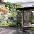 Courtyard Garden Design With Lush Greenery Red Leaf Trees Decorative Stones Gravel Pathway And Wooden Structure