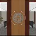 Modern Conference Room Interior With Long Wooden Table Black Chairs And Chinese Decor