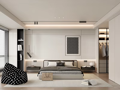Modern Bedroom Interior Design With Bedside Tables Polka Dot Bean Bag And Wall Art 3d model