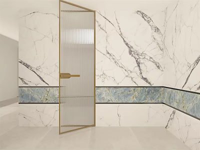 Elegant Glass Hinged Door with Gold Handle in Modern Marble Wall Interior 3d model