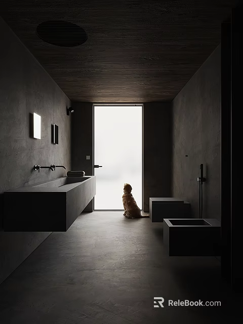Sleek Dark Concrete Bathroom Interior Featuring Floating Sink And Cute Dog By Frosted Glass Door 3d model 