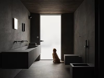 Sleek Dark Concrete Bathroom Interior Featuring Floating Sink And Cute Dog By Frosted Glass Door 3d model