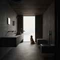 Sleek Dark Concrete Bathroom Interior Featuring Floating Sink And Cute Dog By Frosted Glass Door