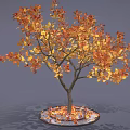 Autumn Tree Featuring Orange Yellow Leaves Red Fruits and Fallen Leaves on Gray Background