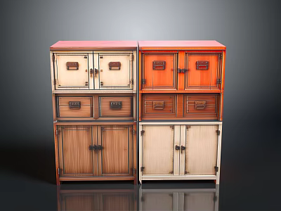 Various Colored Stacked Wooden Storage Cabinets With Different Designs Doors And Drawers 3d model
