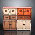 Various Colored Stacked Wooden Storage Cabinets With Different Designs Doors And Drawers