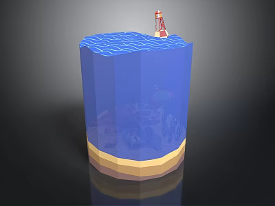Colorful Aquatic Animals Swimming in Blue Wavy Water with Layered Bottom and Red Lighthouse 3d model
