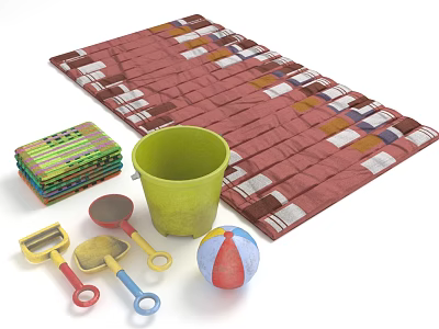 Colorful Beach Play Set With Mat Bucket Shovel Rake And Ball 3d model