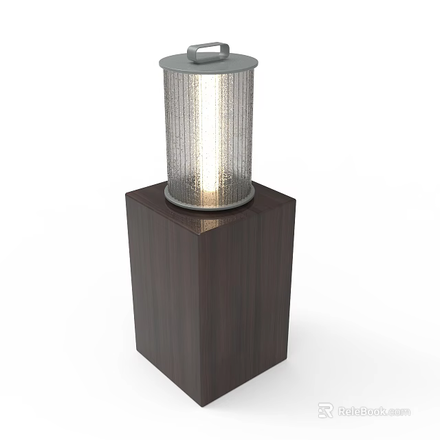Modern Floor Lamp With Wooden Cube Base And Metal Mesh Shade Emitting Warm Light 3d model 